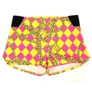 Womens Harlequin Shorts Nicki Minaj Pink Yellow Large Wide Waist Ribbed Lowrise